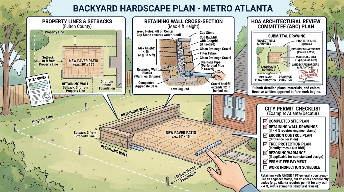 Instructional architectural diagram showing property lines, setback rules, retaining wall height limits under 4 feet, and city permit checklist for Metro Atlanta